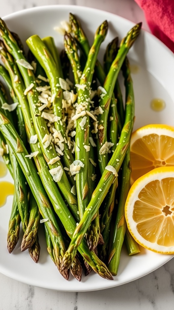 Roasted asparagus with garlic and Parmesan on a plate, garnished with lemon wedges.
